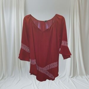 Vision‎ USA Burgundy Boho Crochet Trim Bell Sleeve Blouse
